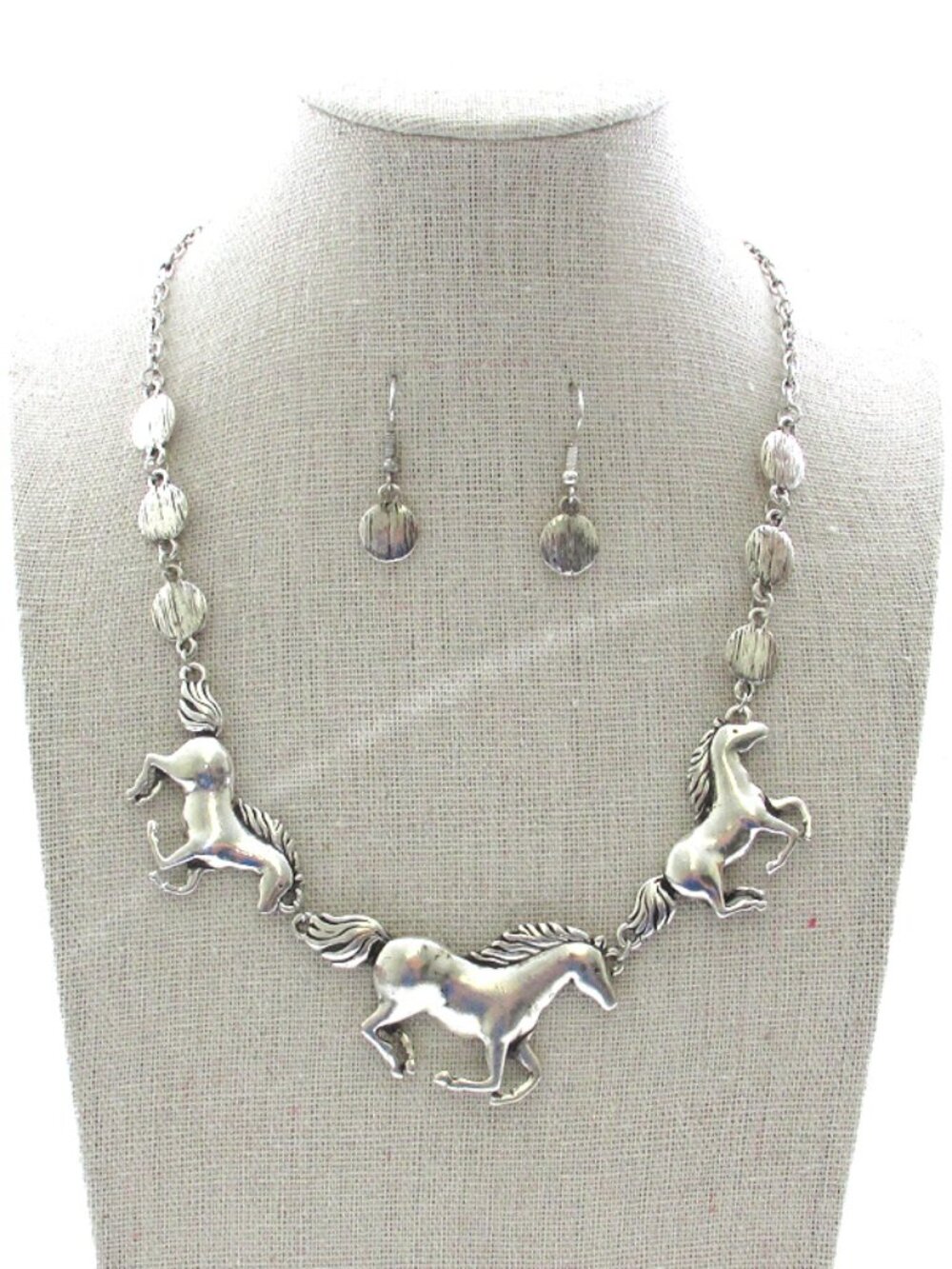 Horse Rodeo Western Cowgirl Theme Silver Hypoallergenic Necklace & Earrings SET